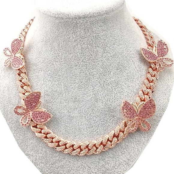 Rose Gold Pink Pave Butterflies 18" Iced Miami Cuban Link Necklace Bling New - Picture 4 of 8
